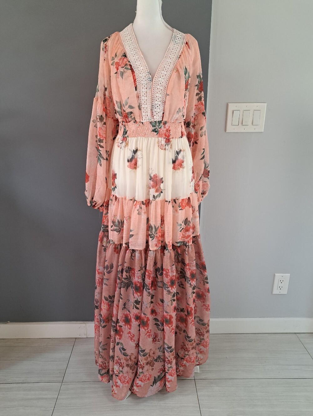 Floral Tiered Maxi Boho Chiffon Dress in Peach and Cream